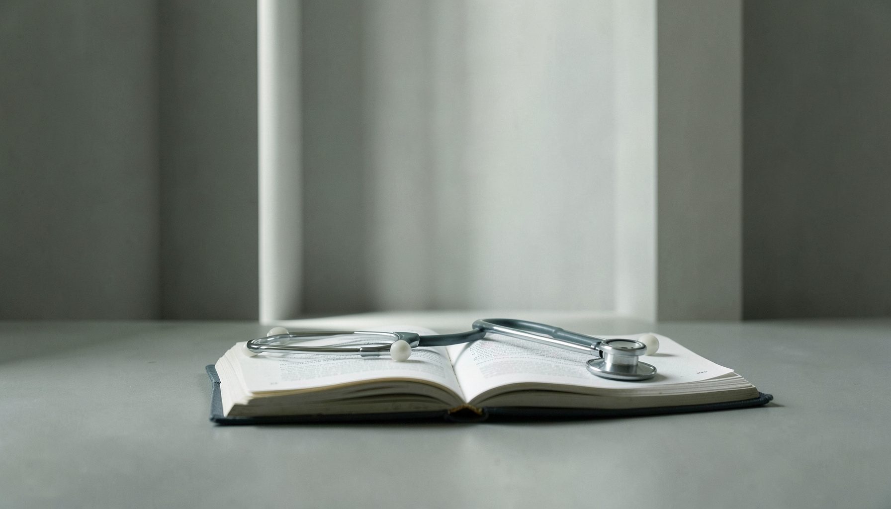 A contemplative still-life composition in muted gray-green and off-white, featuring a stethoscope resting on an open notebook.