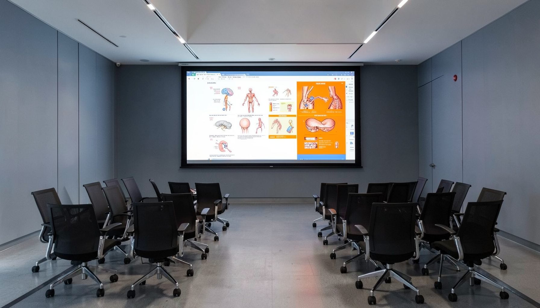 A modern conference room with a large projection screen displaying medical slides, empty chairs arranged in neat rows, and soft overhead lighting.
