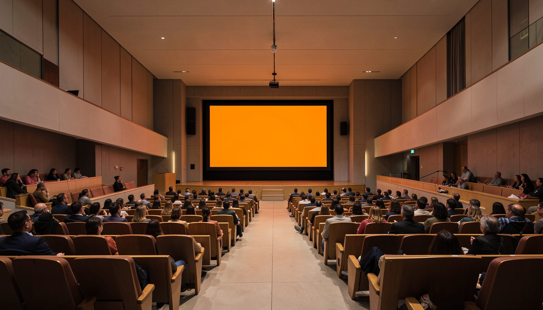 A wide lecture hall with tiered seating and a presentation screen at the front, bathed in warm amber and soft gray tones