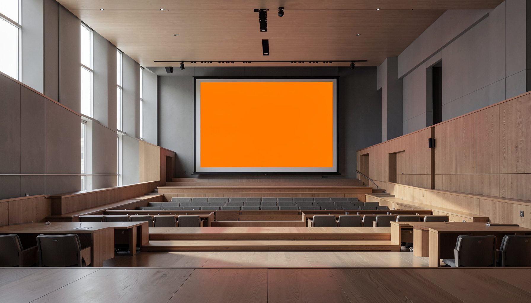 A wide lecture hall with tiered seating and a presentation screen at the front, bathed in soft natural light from tall windows.