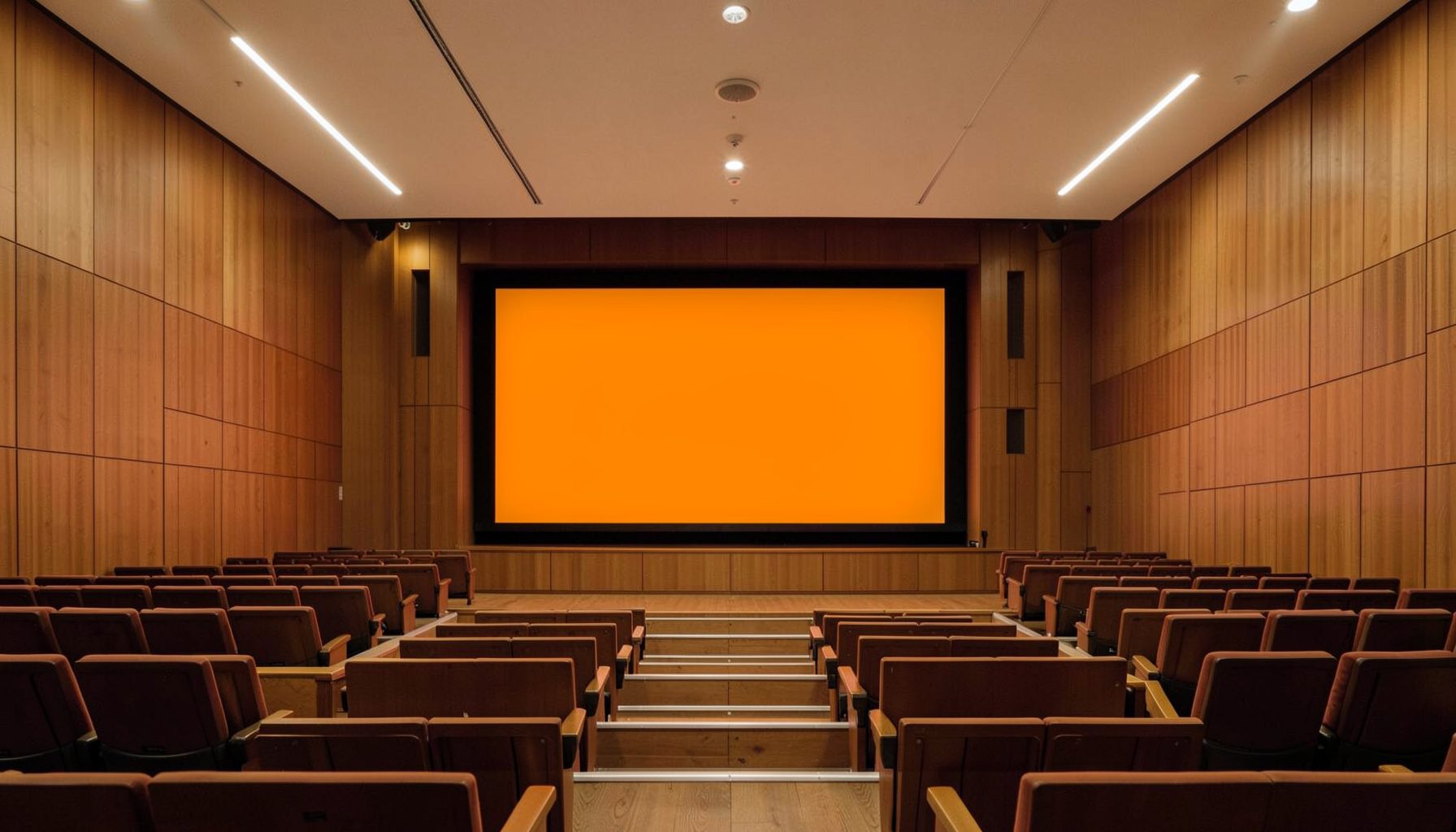 Wide lecture hall with tiered seating and a large projection screen, warm wood paneling and soft overhead lighting, calm