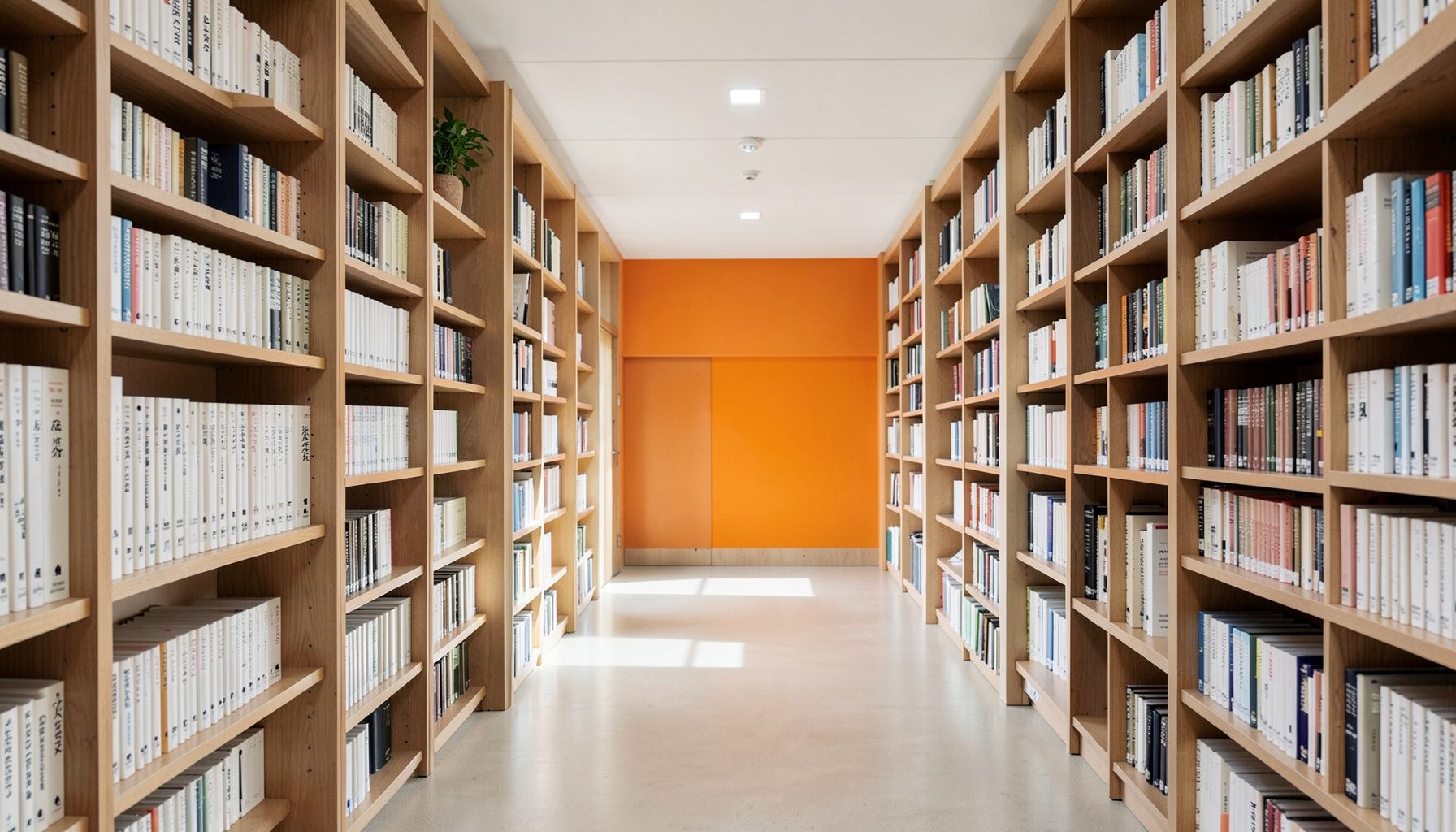 A clean, well-lit medical library interior with tall wooden bookshelves, neutral beige and warm brown tones, and soft natural light.