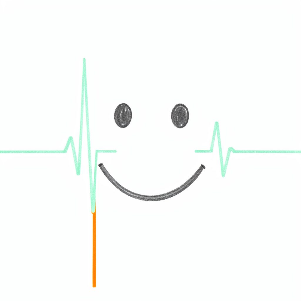 A minimalist line-art drawing in charcoal and mint green of an ECG trace forming a smiley face.