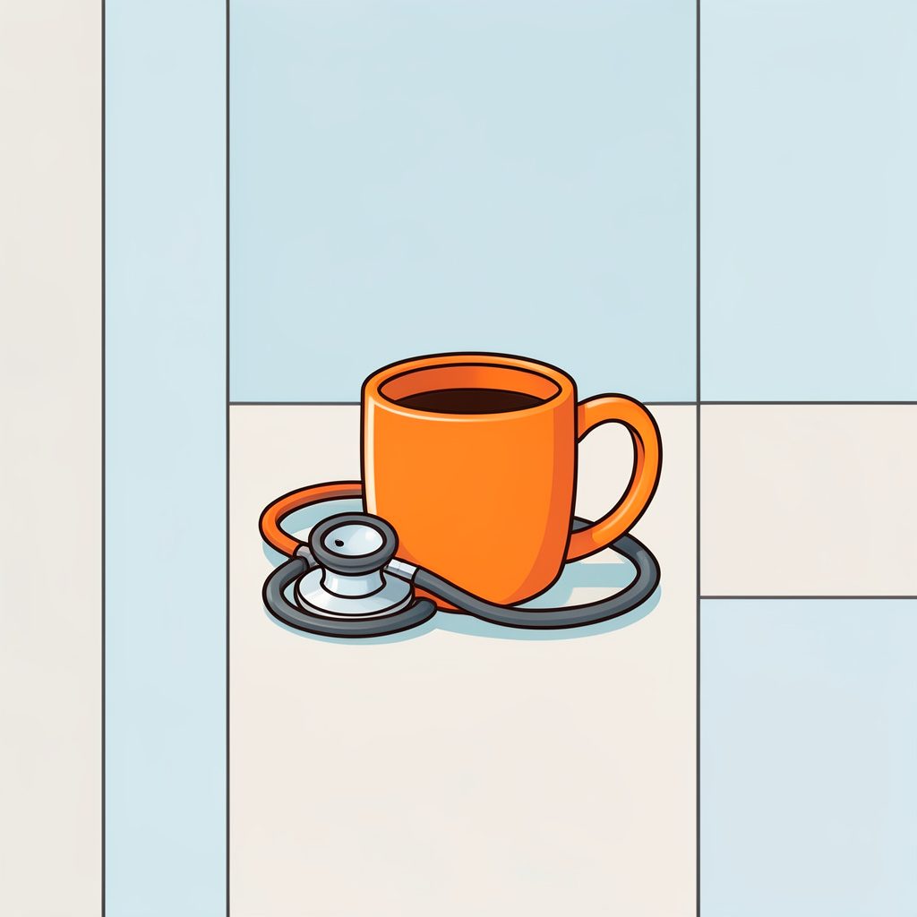 A cartoon-style illustration in warm oranges and soft blues showing a stethoscope tangled with a coffee mug.