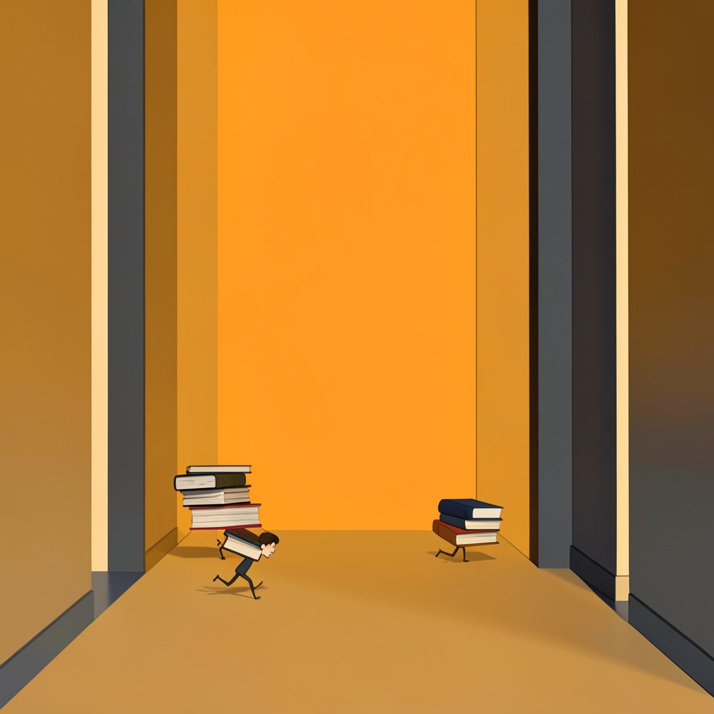 A warm-toned illustration in amber and slate showing a stack of textbooks with tiny legs, running away from a resident.