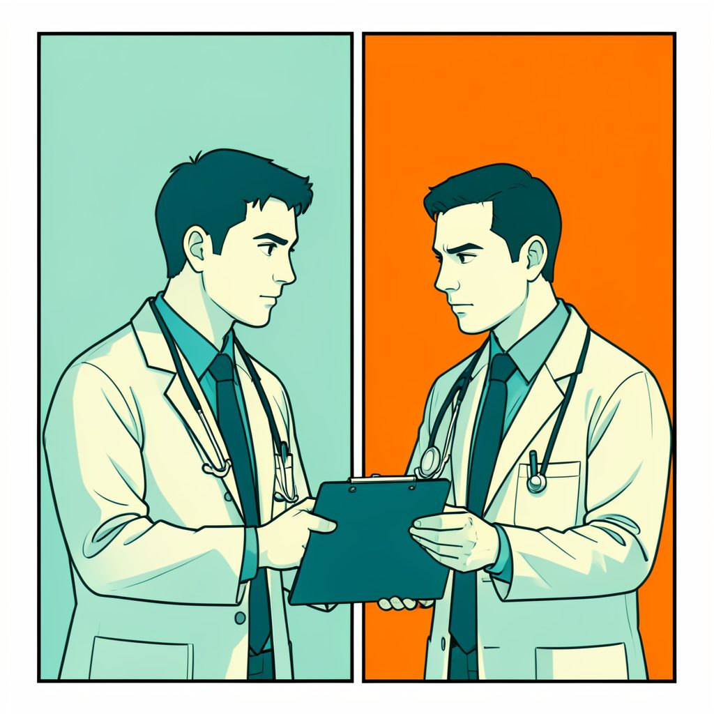 A clean, flat-color comic panel in teal and cream tones depicting two clinicians exchanging a knowing glance over a clipboard.