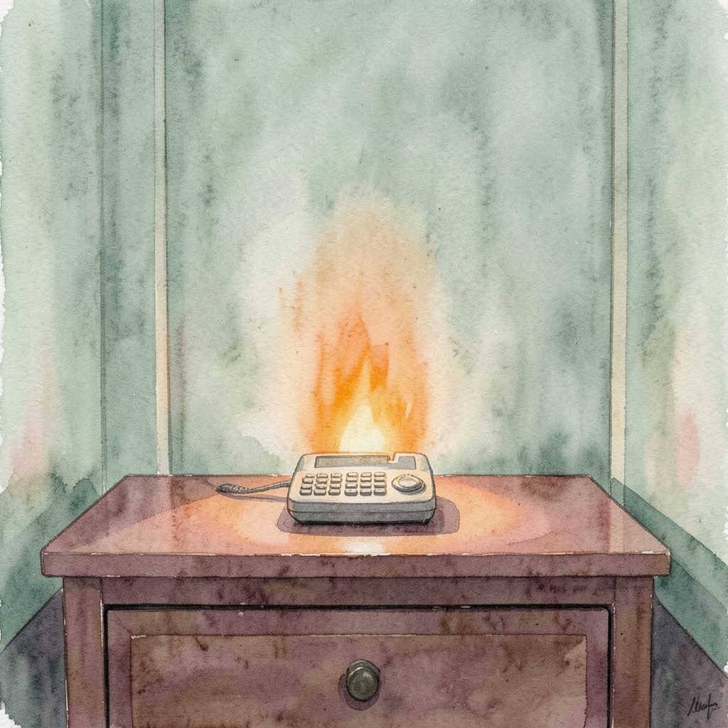 A soft watercolor-style image in sage green and dusty rose of a pager glowing ominously on a nightstand.