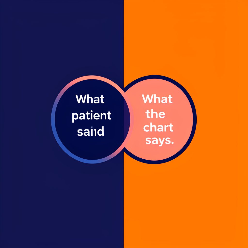 A bold graphic in navy blue and coral pink showing a Venn diagram: 'What the patient said' overlapping barely with 'What the doctor heard.'