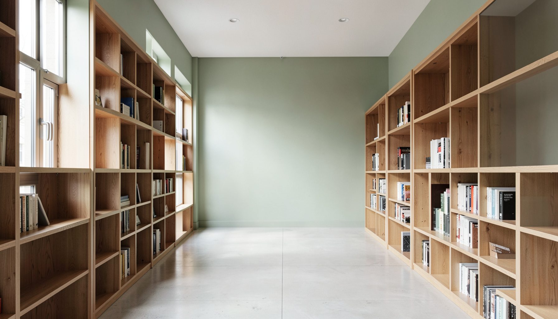 A clean, symmetrical architectural photograph of a quiet medical library interior with warm wood shelving, soft natural light, and orderly rows of books.